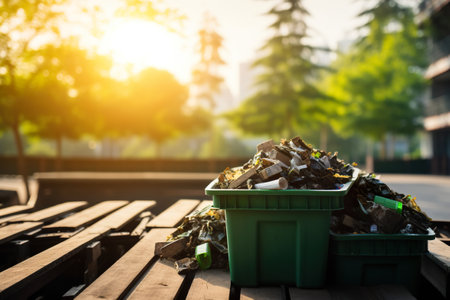 Garbage container on wooden table in public park with sunlight background.の素材