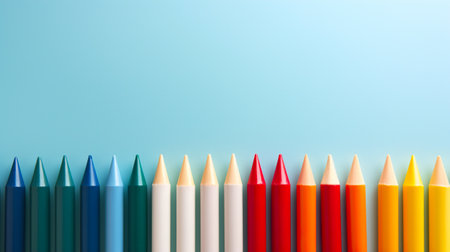Row of colorful crayons on blue background. Back to school conceptの素材