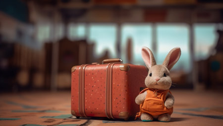 Rabbit toy with suitcase on the background of the sea. travel conceptの素材