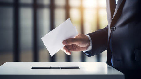 Close up of businessman putting his vote into ballot box. Election conceptの素材