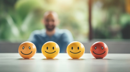 Smiley faces on wooden table in office. businessman with smiley face.の素材