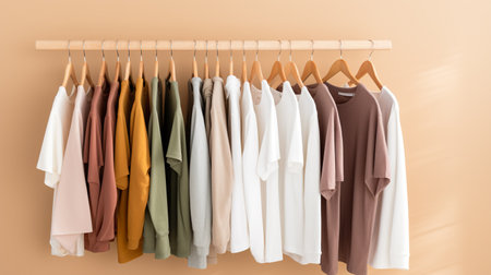 Clothes on hangers in a wardrobe.の素材
