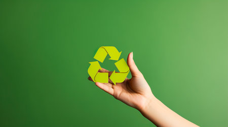Recycling symbol in female hand on green background. Recycling conceptの素材