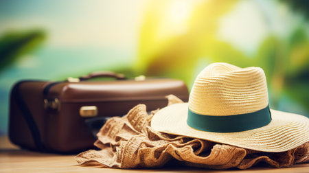 Straw hat and suitcase on the beach. travel and vacation conceptの素材