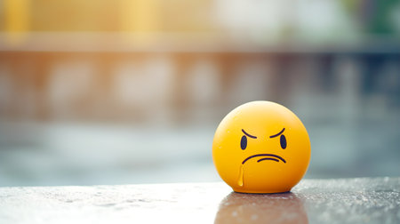 Sad emoji face on the table with blurred background, selective focus.の素材