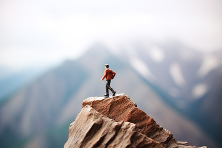 Miniature people : Businessman standing on the top of mountain.の素材