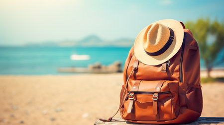 Summer hat and backpack on the beach. vacation and travel concept.の素材