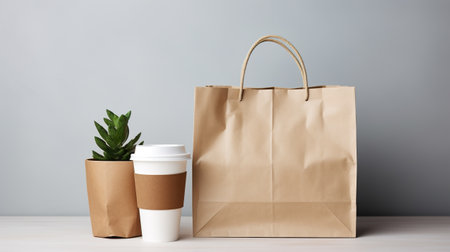 Coffee cup and paper bag with plant on wooden table.の素材