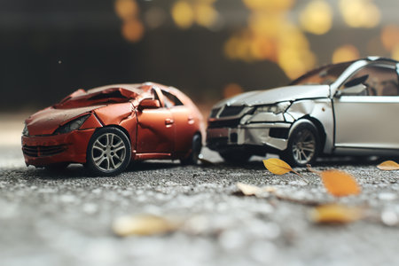 Car crash accident concept. Toy car crash on road with fallen leaves.の素材