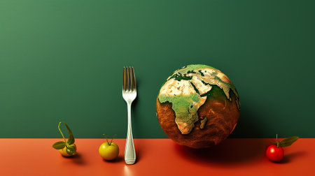 world environment day concept. planet earth with fork and apple on green backgroundの素材