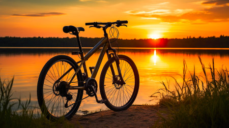 Bicycle on the shore of a lake in the rays of the setting sunの素材