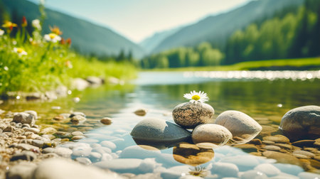 Beautiful view of a mountain lake with stones and daisiesの素材