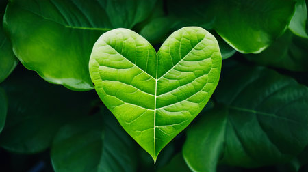 Heart shaped leaf on a green background. love concept. close up.の素材