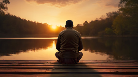 Man sitting on a wooden pier and looking at the sunset over the lakeの素材