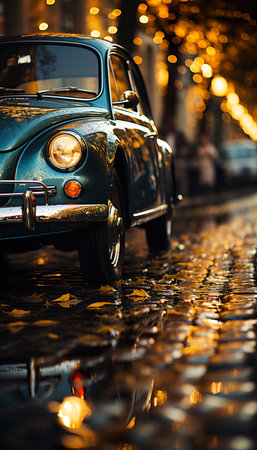 Retro car in the rain on the background of the street.の素材