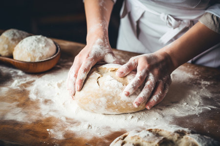 Female hands kneading dough on wooden table with flour in bakeryの素材