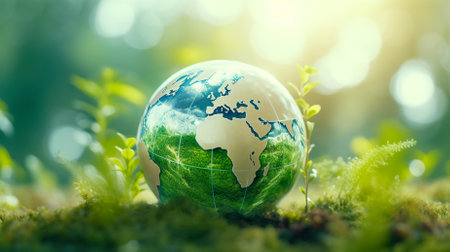 Globe on green moss with bokeh background. save earth conceptの素材