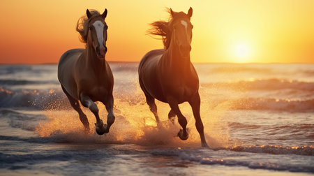Two horses running on the beach at sunset. Two horses galloping on the sea.の素材