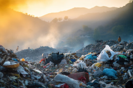 Pile of garbage in the mountains at sunset. environmental pollution concept.の素材