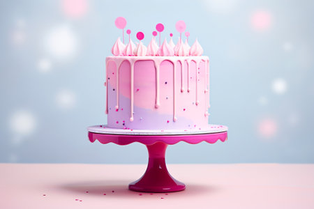 Birthday cake with pink frosting and pink confetti on blue backgroundの素材
