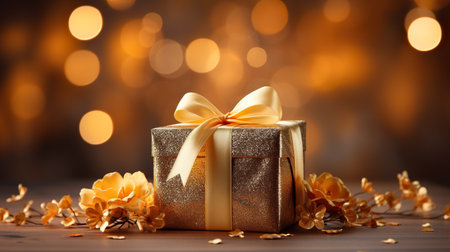 Gift box with golden bow on bokeh lights background.の素材