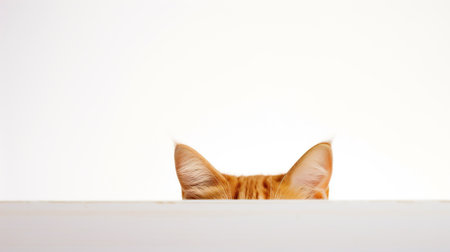 Cute ginger cat hiding behind a white wall with copy space.の素材