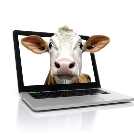 Cow in front of a laptop screen. isolated on white backgroundの素材
