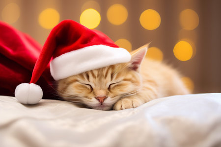 Cute little kitten sleeping in santa hat on bokeh backgroundの素材