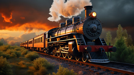 Steam locomotive on the railroad at sunset. 3d illustration.の素材