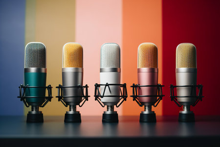 Microphones on a stand against the background of the flag of Franceの素材