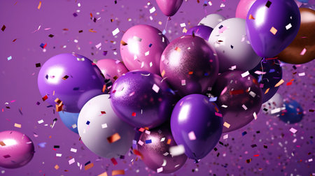 Purple balloons with confetti and ribbons, 3d renderingの素材