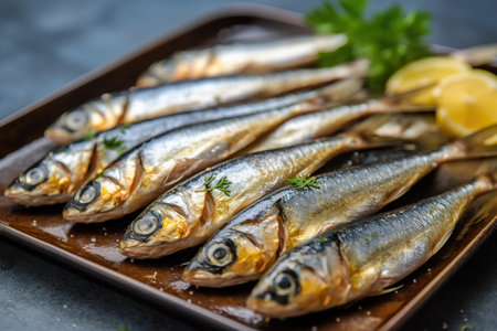 Sardines with lemon and parsley on a dark background.の素材