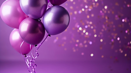 Purple balloons with confetti on purple background.の素材