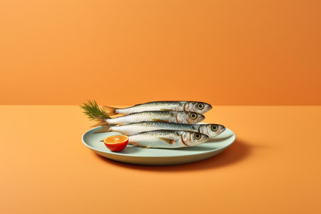 Fresh sardines on a plate with dill and orange backgroundの素材