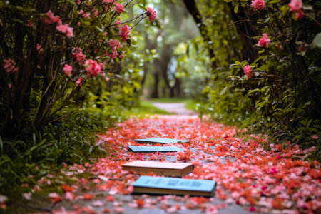 Red rose petals on the path in the garden with book.の素材