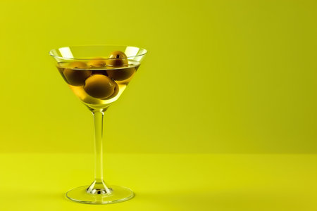 Martini glass with olives on a yellow background. 3d renderingの素材