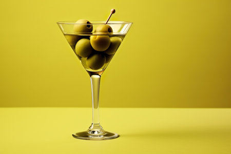Green olives in martini glass on yellow background. copyspace.の素材