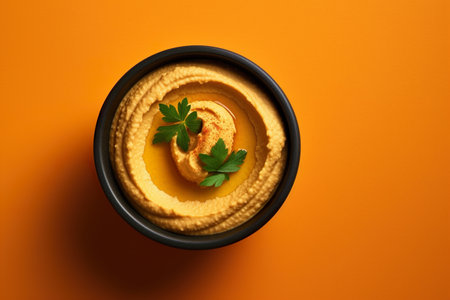 Bowl of hummus with parsley on orange background, top viewの素材
