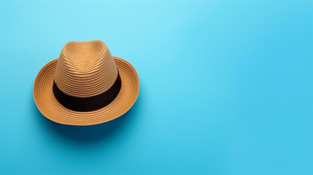 Straw hat isolated on blue background with copy space for text.の素材