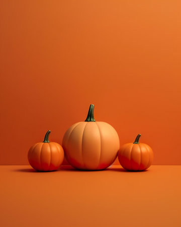 Three orange pumpkins on orange background. Halloween concept. 3D renderingの素材