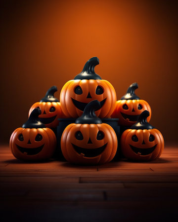 Halloween pumpkins on wooden floor, 3d render illustration.の素材