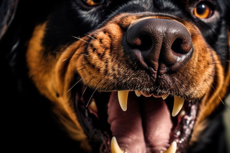 Close-up portrait of a rottweiler dog on black backgroundの素材