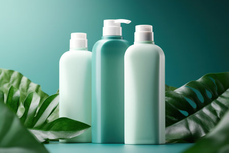 Plastic bottles of cosmetic products with green leaves on a blue backgroundの素材