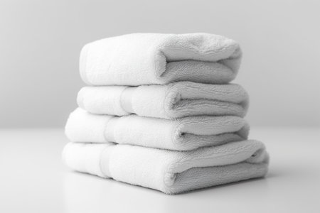 Stack of clean white towels isolated on white background, close up.の素材