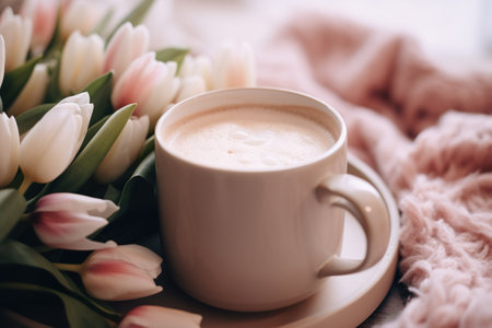 Cup of coffee and bouquet of tulips on a wooden tray. Selective focus.の素材
