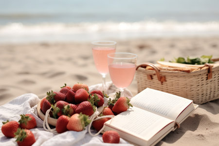 Strawberry and wine on the beach with a book and basketの素材