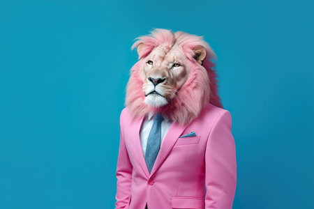 Fashion portrait of a lion in a pink suit on a blue backgroundの素材