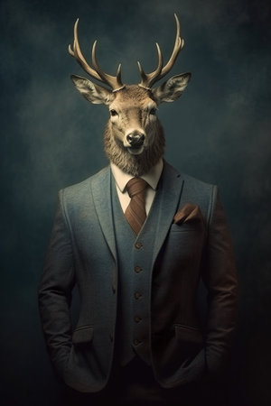 Portrait of a deer in a suit on a dark background.の素材