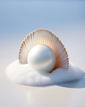 White pearl in the snow on a background of blue sky and seaの素材
