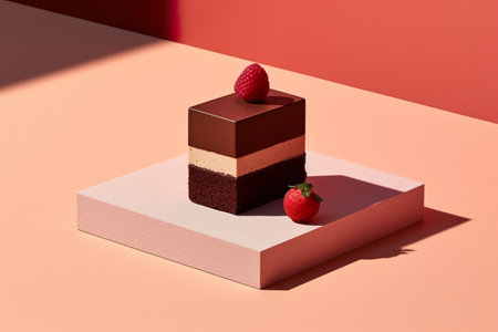 Chocolate cake with strawberries on pastel background. minimal style.の素材